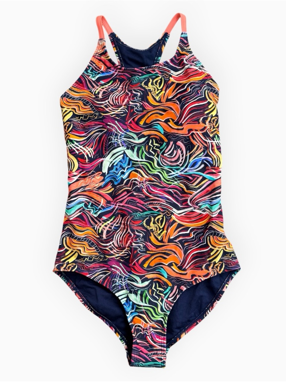Athleta Girl Field Day One Piece Swimsuit Multicolor Swirl Print Kids XL Size 14